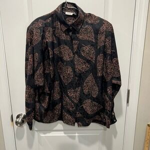 Omanti Women 100 Silk 2 Piece Set Blouse Pleated Skirt Black Bronze Leaf Size 14